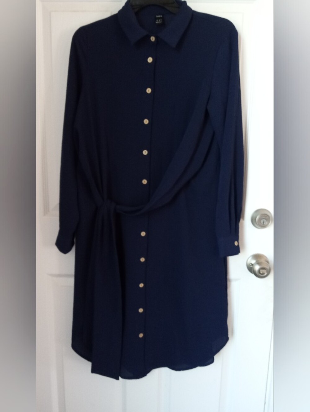 SHEIN Navy Long Sleeve Button-Front Tie Waist Shirt Dress
